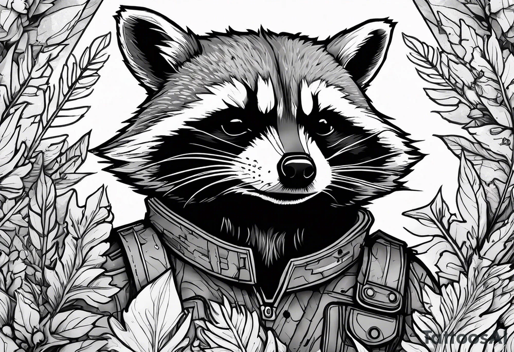 rocket raccoon hiding in dense foliage tattoo idea