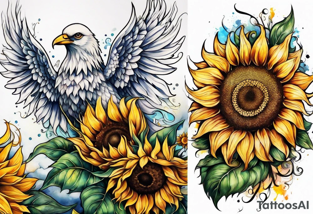 Sunflowers and angel wings leg sleeve tattoo idea
