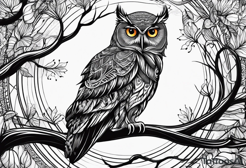 “A wise owl perched on a branch, with large, expressive eyes and intricate feather patterns, representing wisdom tattoo idea