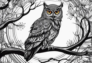 “A wise owl perched on a branch, with large, expressive eyes and intricate feather patterns, representing wisdom tattoo idea