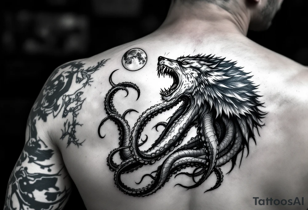 A powerful and surreal wolf octopus howling at the moon in the arm tattoo idea