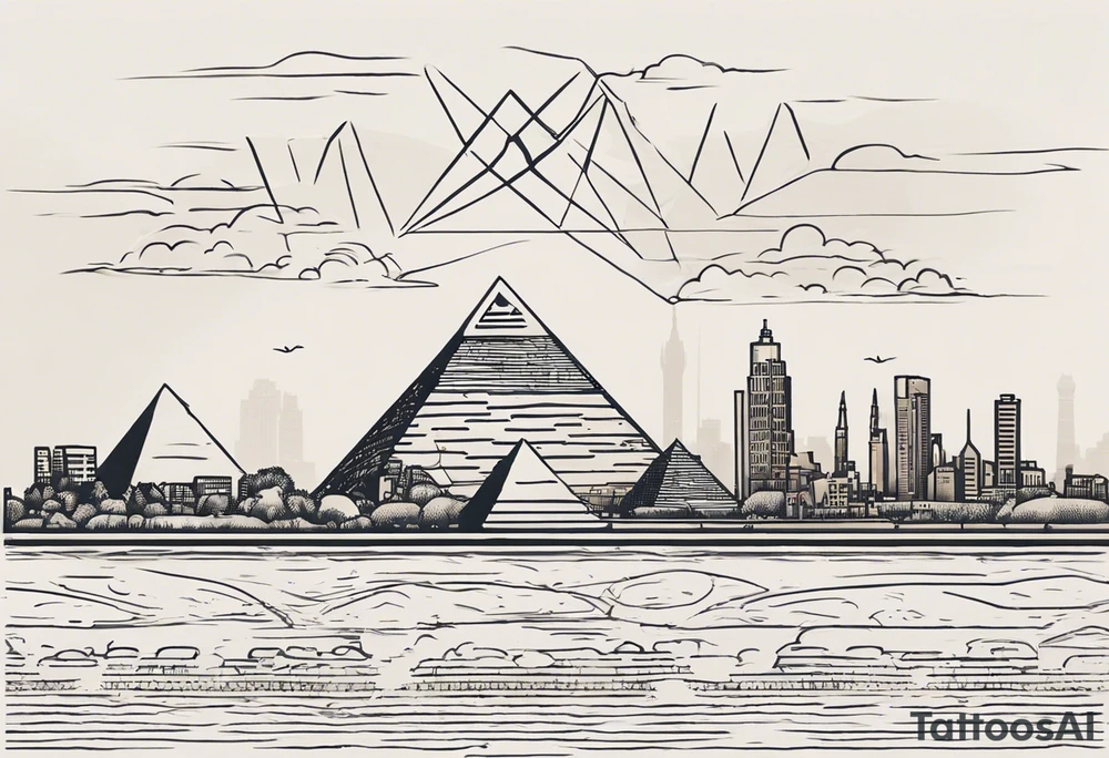 Craft a concise yet powerful tattoo that blends the Pyramids of Giza with the Manhattan skyline as the backdrop, seamlessly integrating the Nile River with the Hudson River. Keep it simple, focusing on key elements like pyramid silhouettes and iconic skyscrapers, allowing the rivers to converge naturally. Opt for a balanced composition with minimal detailing, capturing the essence of your Egyptian heritage alongside your life in New York tattoo idea