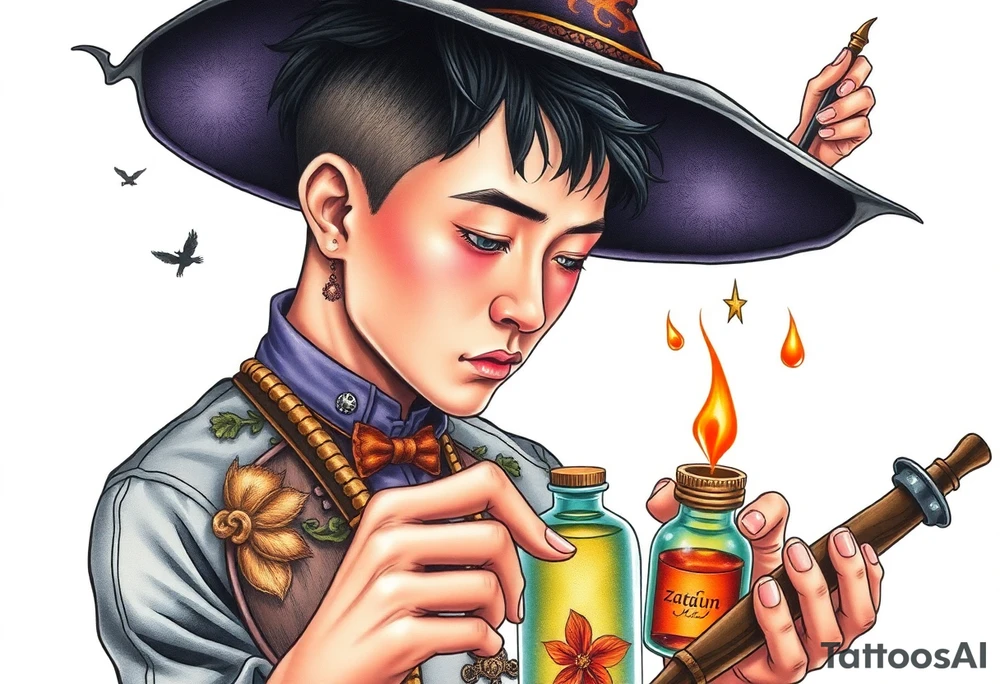 Handsome Asian young adult guy is  accidentally stumbled upon witch tools, supplies, artifacts, potions and exploring it curiously tattoo idea