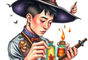 Handsome Asian young adult guy is  accidentally stumbled upon witch tools, supplies, artifacts, potions and exploring it curiously tattoo idea