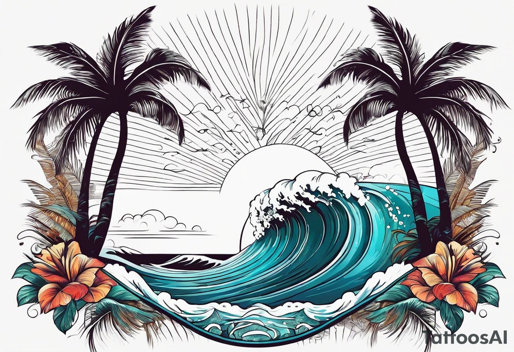 Retro design with a coffee mug and ocean waves, palm trees tattoo idea