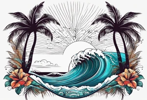 Retro design with a coffee mug and ocean waves, palm trees tattoo idea
