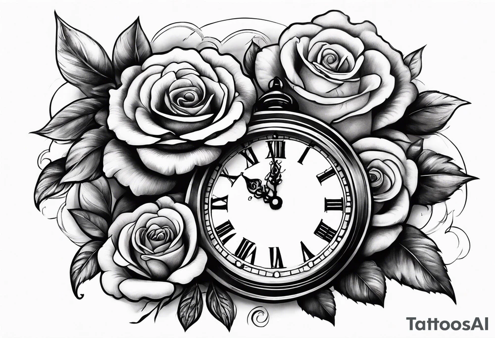 Arm tattoo with clock surrounded by clouds and a rose at the bottom tattoo idea Arm tattoo with clock surrounded by clouds and a rose at the bottom tattoo idea