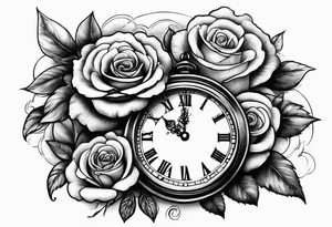 Arm tattoo with clock surrounded by clouds and a rose at the bottom tattoo idea