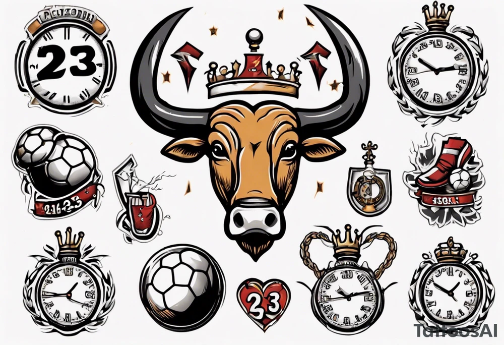 Ballon de football avec le numéro23 ,  une horloge avec une couronne,  le tout avec au fond un taureau tattoo idea