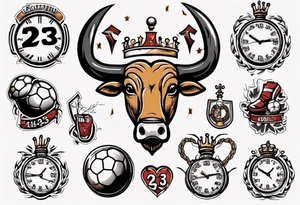 Ballon de football avec le numéro23 ,  une horloge avec une couronne,  le tout avec au fond un taureau tattoo idea