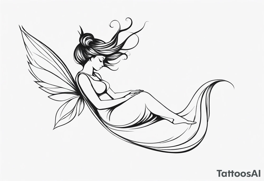 Minimalistic, monochromatic fairy with a tail flying to the left in a fetal position, leaning and looking in the same direction, with visible hands, embodying the 'Fairy Tail' logo aesthetic. tattoo idea
