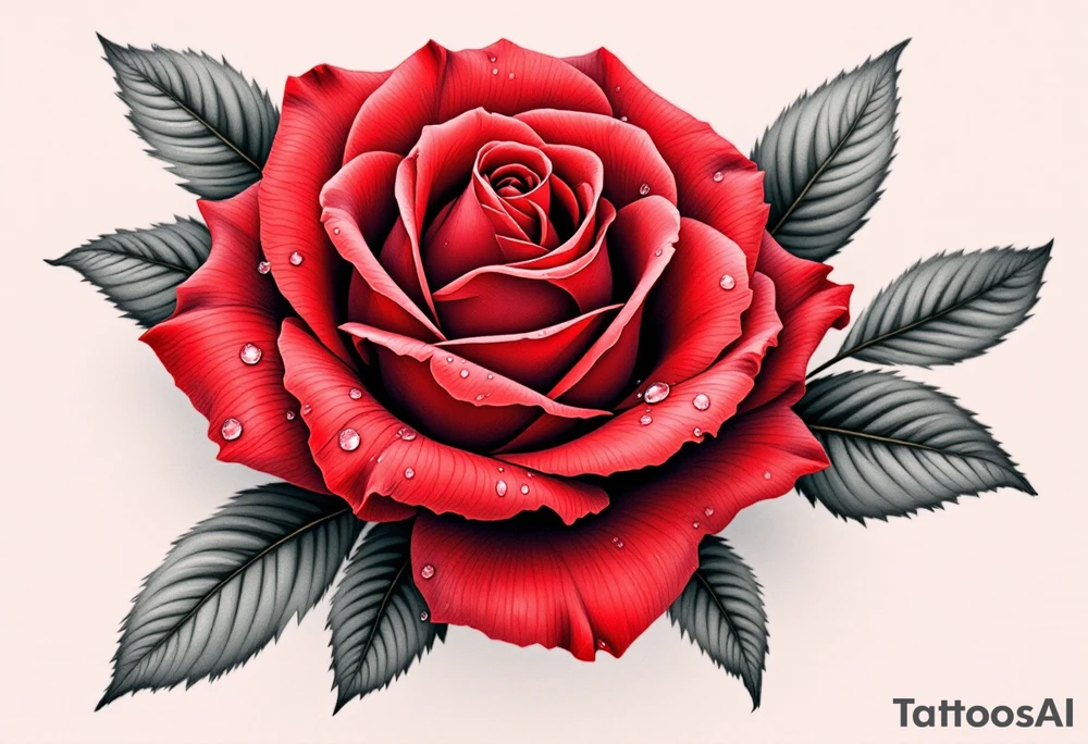 A vibrant red rose with dewdrops, the petals curling with realistic depth in deep crimson and dark green leaves. tattoo idea