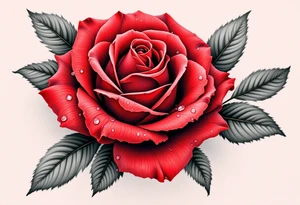 A vibrant red rose with dewdrops, the petals curling with realistic depth in deep crimson and dark green leaves. tattoo idea