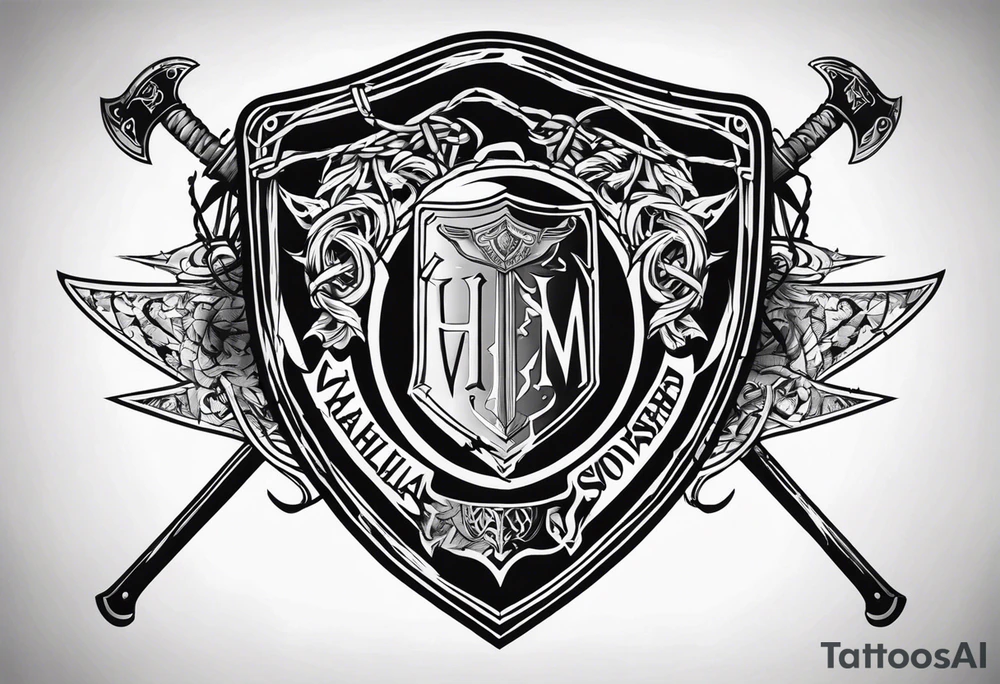 Valhalla shield sword axe barbed wire tattoo idea