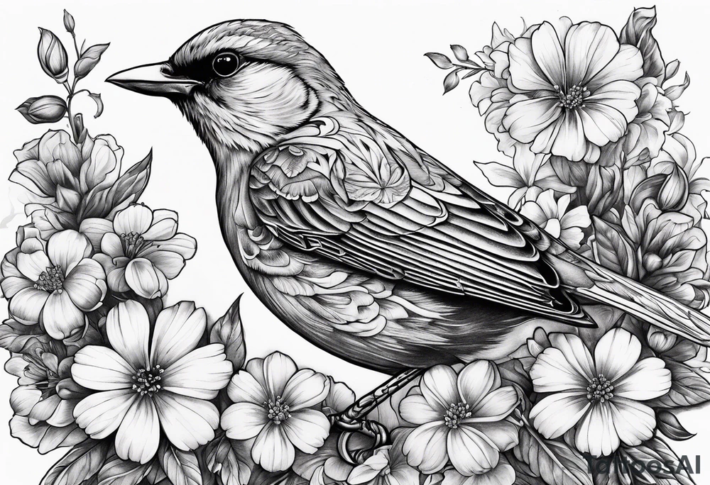 Robbin bird highly detailed and surrounded by flowers tattoo idea