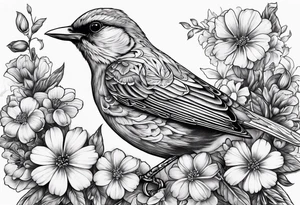 Robbin bird highly detailed and surrounded by flowers tattoo idea