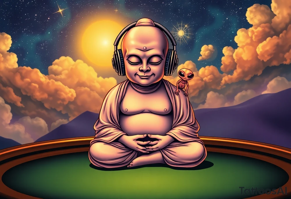 a dim celestial light shines over a curious wise chubby alien buddha who is wearing headphones and is calmly meditating on top of a texas hold'em table, and under a beautiful starry sky. There is a friendly alien sitting on his shoulder. tattoo idea