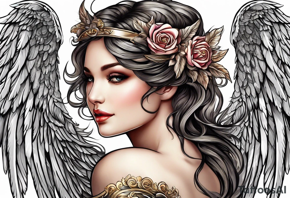 beautiful angel wings. with flilgree in the background tattoo idea