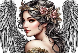 beautiful angel wings. with flilgree in the background tattoo idea