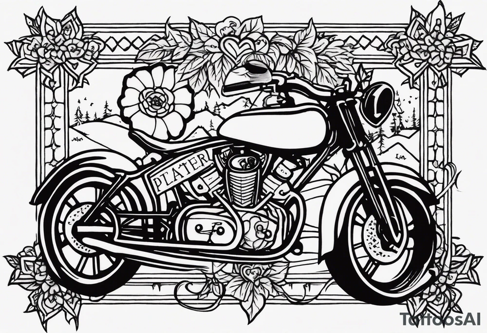 A cross with my family’s names on it names are Peter Lori Kyle and peter around Peter’s  name put a motercycle and a bear around loris name put a sunflower and a heart and around Kyle’s name put a baseball and electricity tattoo idea
