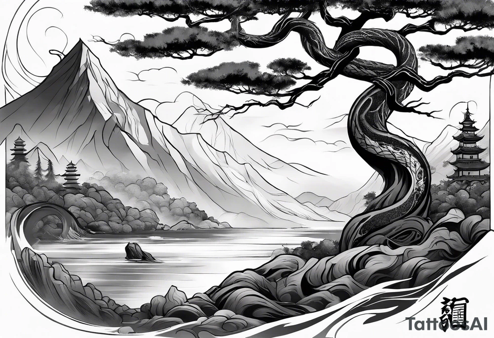 Full arm sleeve, tree going up to shoulder dead tree going down to wrist, wrapped in a serpent moving down with mountain and water elements tattoo idea