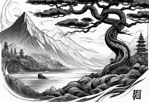Full arm sleeve, tree going up to shoulder dead tree going down to wrist, wrapped in a serpent moving down with mountain and water elements tattoo idea