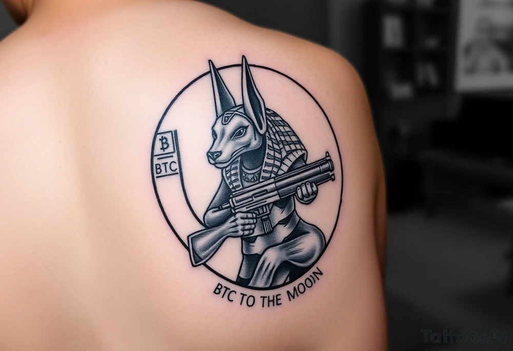 "Anubis in a ufo, holding a tommy gun. His jackal head is half-cyborg (exposed circuits). Hieroglyph background spells 'BTC TO THE MOON'.  

Style: Art Deco meets cyber-Egyptian. Black/red/gold ink. Forearm sleeve." tattoo idea