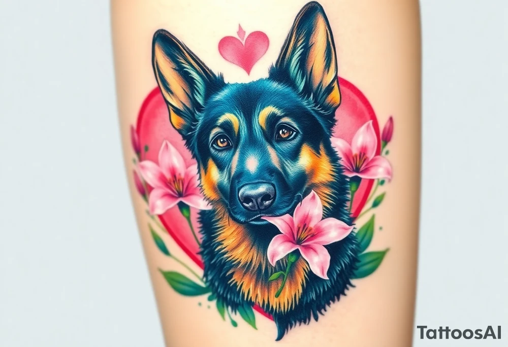 realistic german shepherd with alert ears looking protective with pink lilies in front of a sacred heart tattoo idea