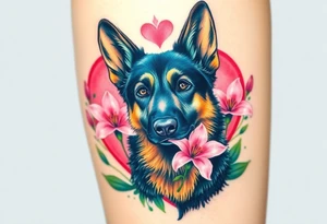 realistic german shepherd with alert ears looking protective with pink lilies in front of a sacred heart tattoo idea