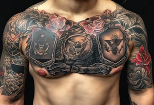 Chest tattoo that looks like my skin is being ripped off to reveal an Army uniform under it. tattoo idea