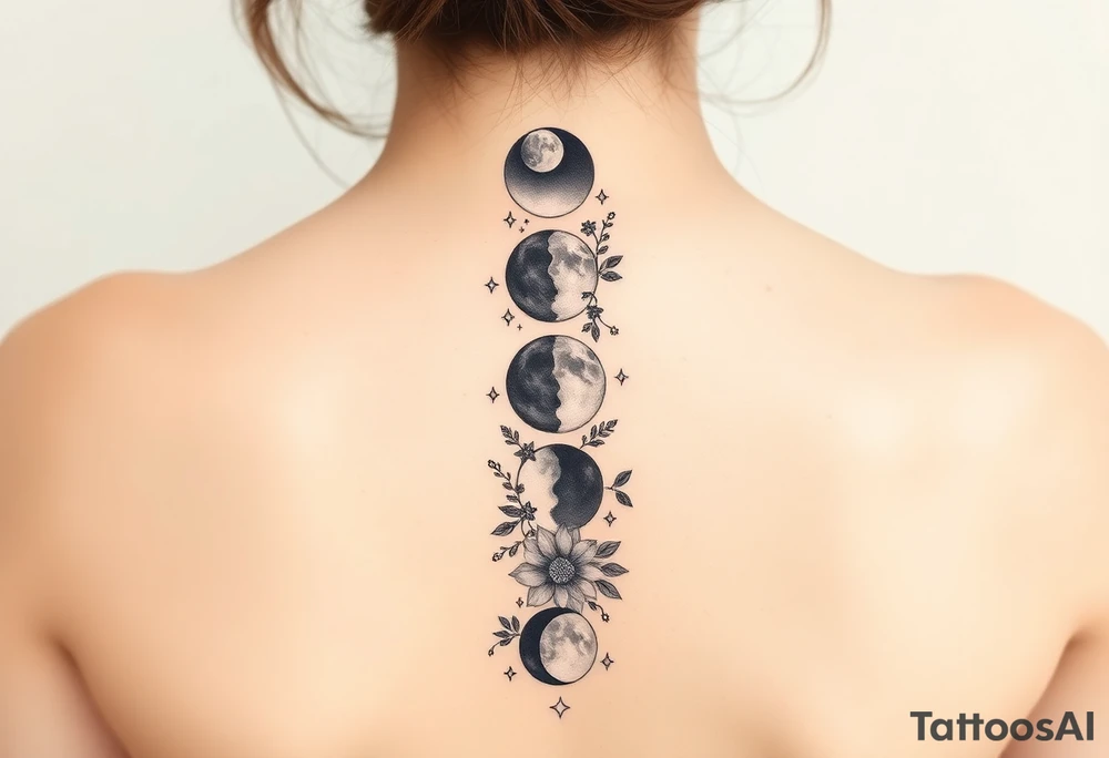 new moon, waxing crescent, first quarter, waxing gibbous, full moon, waning gibbous, last quarter, and waning crescent going down the spine vertically each represent different phases of the moon individually with flowers and vines and stars around it tattoo idea