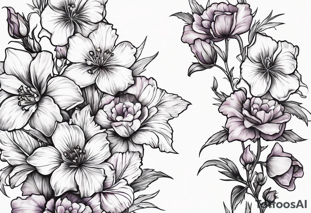 larkspur with stem, carnation with stem, violet, with stem, daisy with stem and tied together with a bow tattoo idea