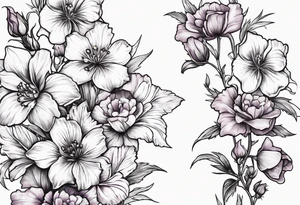 larkspur with stem, carnation with stem, violet, with stem, daisy with stem and tied together with a bow tattoo idea