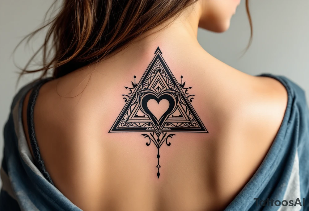 A triangle with a big heart in the center with a world travel theme tattoo idea