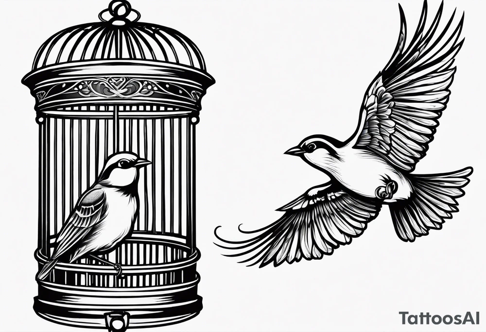 A simple open bird cage with a bird flying out tattoo idea
