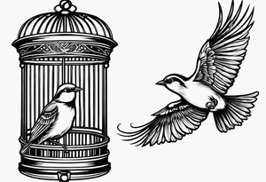 A simple open bird cage with a bird flying out tattoo idea