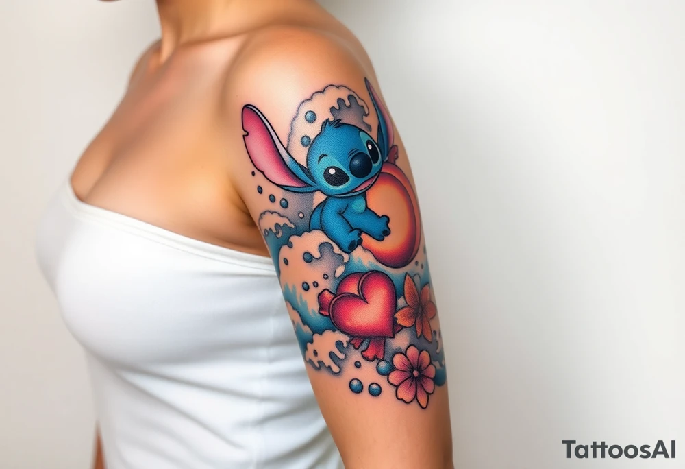 a half sleeve, right side on upper arm, incorporate waves, while adding lilo and stitch, as well as characters and items from moana, including moana, maui, heihei, pua, heart of tefiti. Making it kind of hawaiian themed, adding some turtles and characters lilo and stitch i want it colored tattoo idea