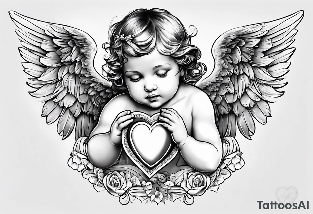 Baby Angel holding heart, side way flying with name Leah. For chest tattoo on left pec tattoo idea