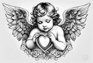 Baby Angel holding heart, side way flying with name Leah. For chest tattoo on left pec tattoo idea