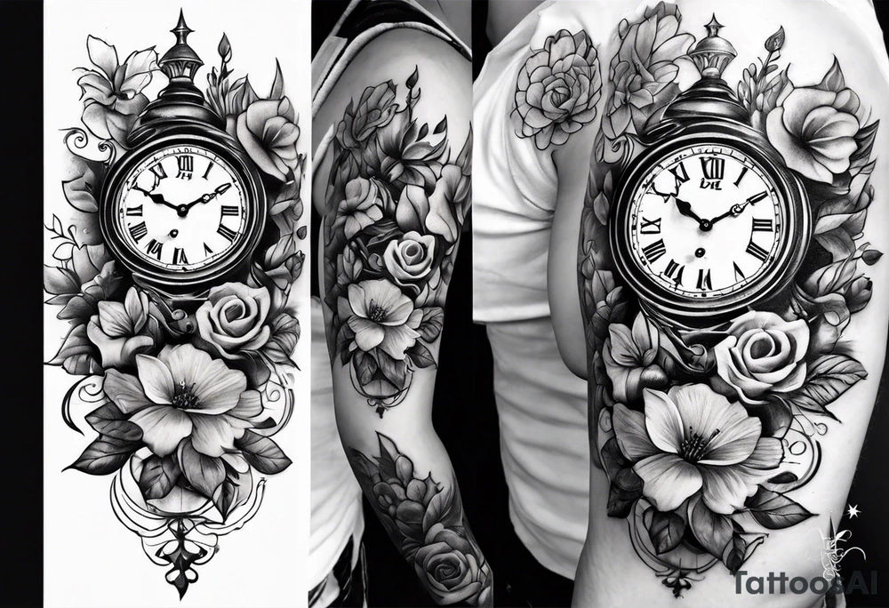 Flowers and clock tattoo idea