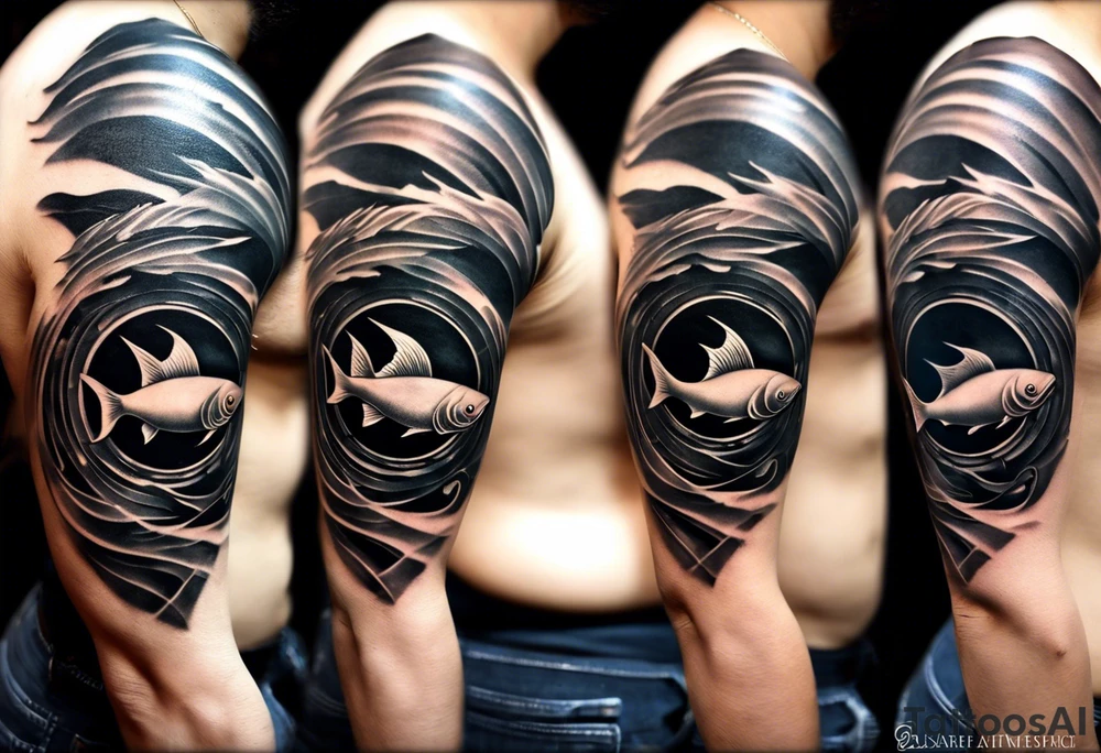 Design a half-sleeve tattoo in a smooth, shaded style with black and grey tones. The central focus is two fish swimming in a circular motion, like a yin-yang, gracefully moving in a loop. The fish should have flowing tails and fins, with soft shading that gives a sense of motion and balance.

Surround the fish with a bed, where a man is lying down but his feet stick out, symbolizing discomfort or not fitting in. The bed should blend subtly into the background, using minimal lines, to avoid distracting from the fish. The sheets or bed frame should flow into the circular motion created by the fish.

Add an astronaut floating nearby, connected to the bed scene. The astronaut should appear weightless, as if drifting in space, with their posture relaxed and slightly tilted, fitting within the circular flow of the fish. Clouds should form softly around the astronaut and the bed, blending into the scene to create a dreamy, ethereal background.

From one side of the circular fish motion, flames should emerge, adding dynamic energy to the design. The flames should be subtle but lively, with light shading, balancing the softness of the clouds with some intensity.

Finally, include the text "MMIX" in bold, sketchy font either below or beside the main design. The text should be clear but in harmony with the hand-drawn style of the fish and flames. tattoo idea