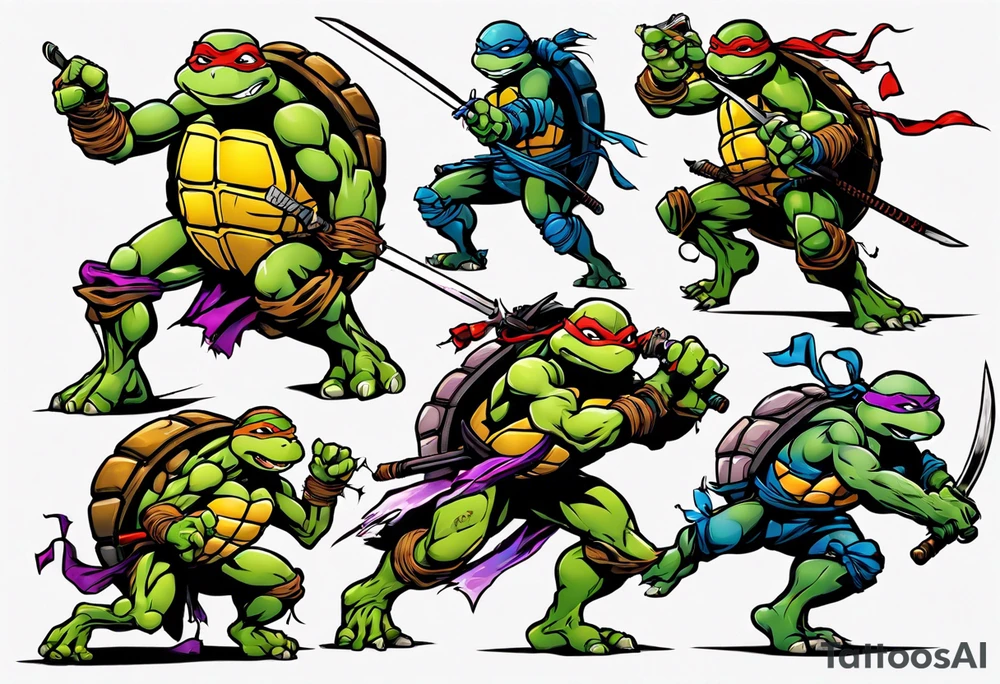 teenage mutant ninja turtles fighting in a city with floral accents tattoo idea