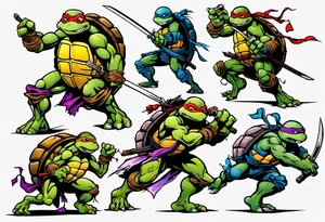 teenage mutant ninja turtles fighting in a city with floral accents tattoo idea