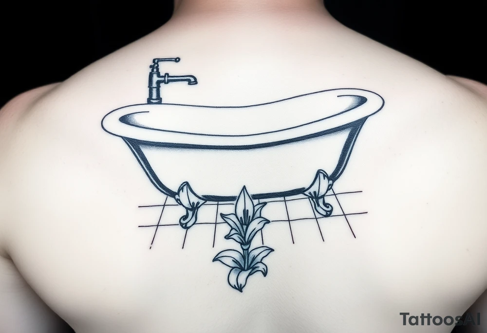 clawfoot bathtub with simple faucet and lily coming up out of the tile floor tattoo idea