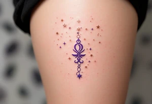 Rose gold stars connect the Libra constellation above a floating Libra symbol in soft violet. tattoo idea