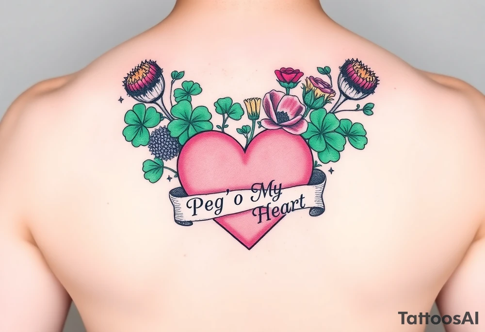Bunch of Green shamrocks & a few purple thistles and a few red & yellow roses with a big Pink heart and a banner across the heart that says " Peg 'o My Heart" tattoo idea
