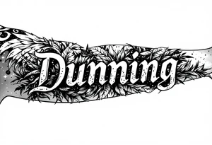 Dunning, Details include on left arm, name in white color,angel wing, wet jungle leaves,cool font, galaxy background filling, tattoo idea