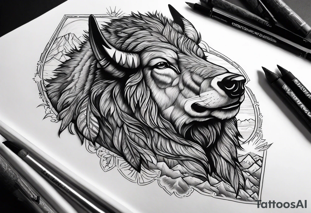 Montana mountains cowboy bison wolf tattoo idea