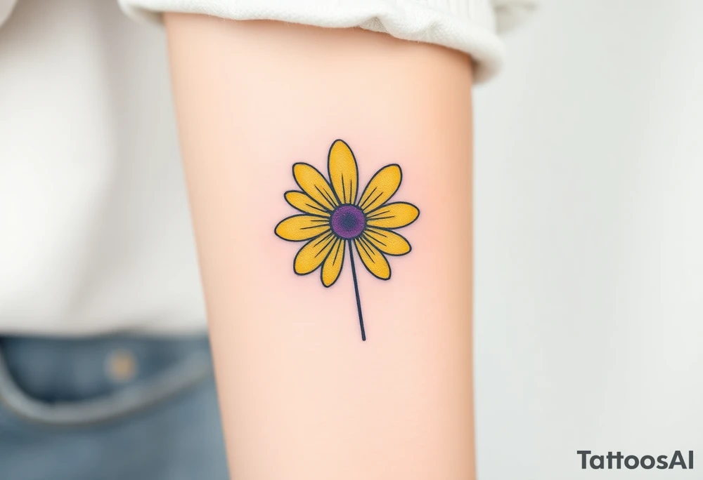 Simple yellow daisy with Purple Hearts & cross tattoo idea