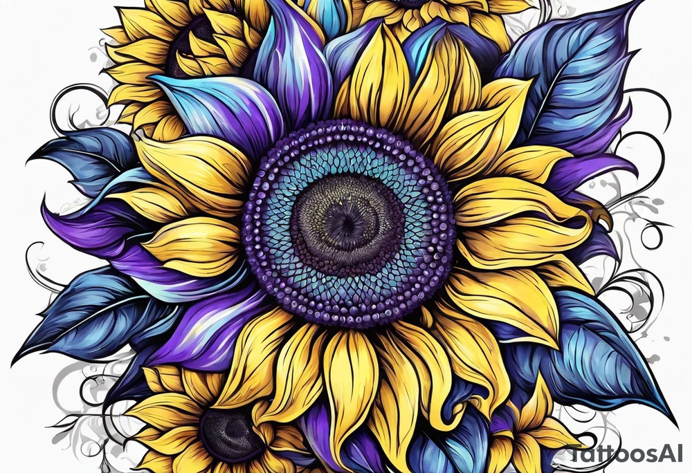 Purple, yellow and blue sunflowers with a cross tattoo idea